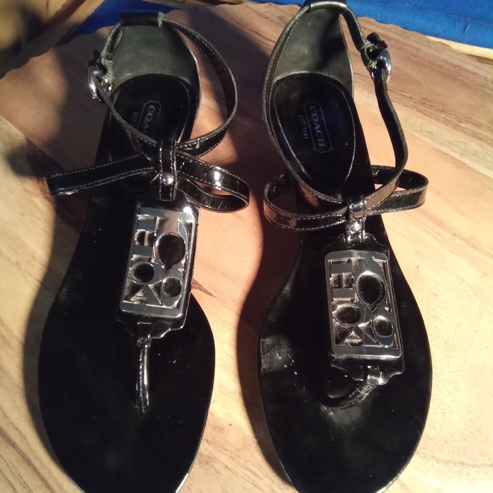 Coach Dylanitl Patent Leather T-Strap Wedge Sandal Heels, Sz. 7.5-US, 38-EU